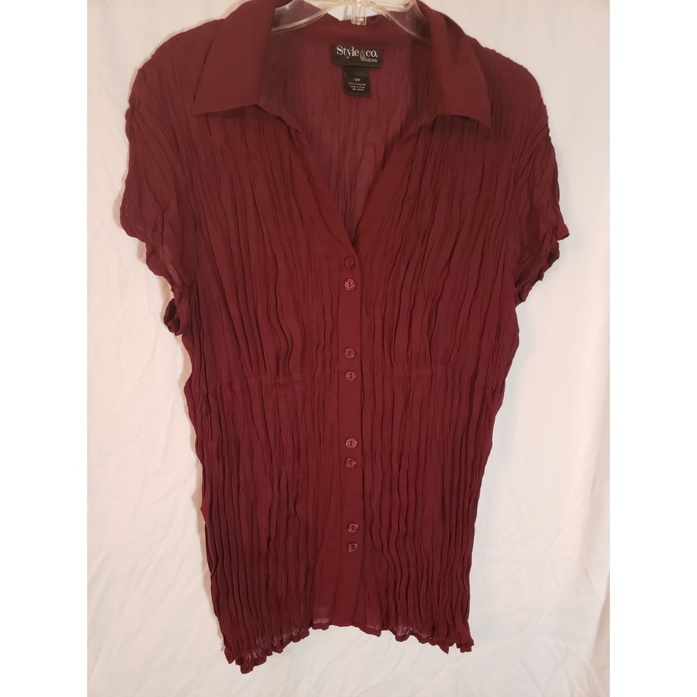 Women's Style & Co Burgundy Cap Sleeve Accordian Button Up Blouse Sz 18W (H394)